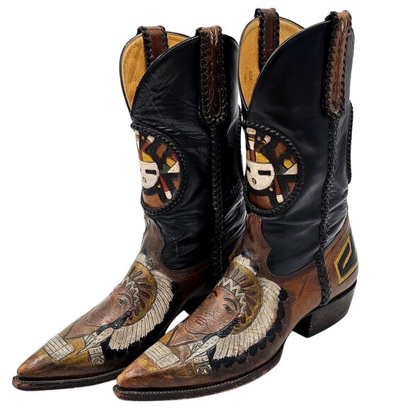 Custom 9D Hand Tooled/ Painted Native American Chief boots Vintage 1995 Western - Picture 13 of 16